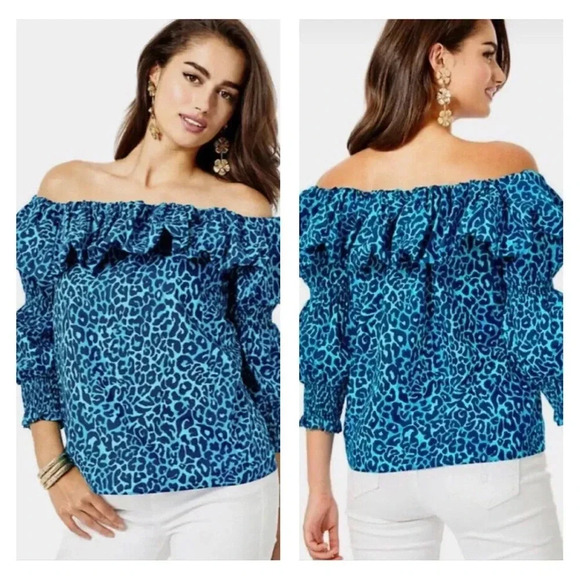 Lilly Pulitzer Beatrix Off-the Shoulder Top in Oyster Bay Navy Leopard - Picture 1 of 7